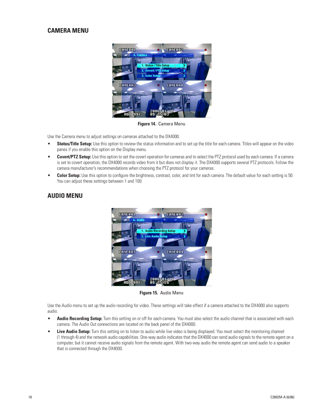 Pelco C2602M-a manual Camera Menu, Audio Menu 