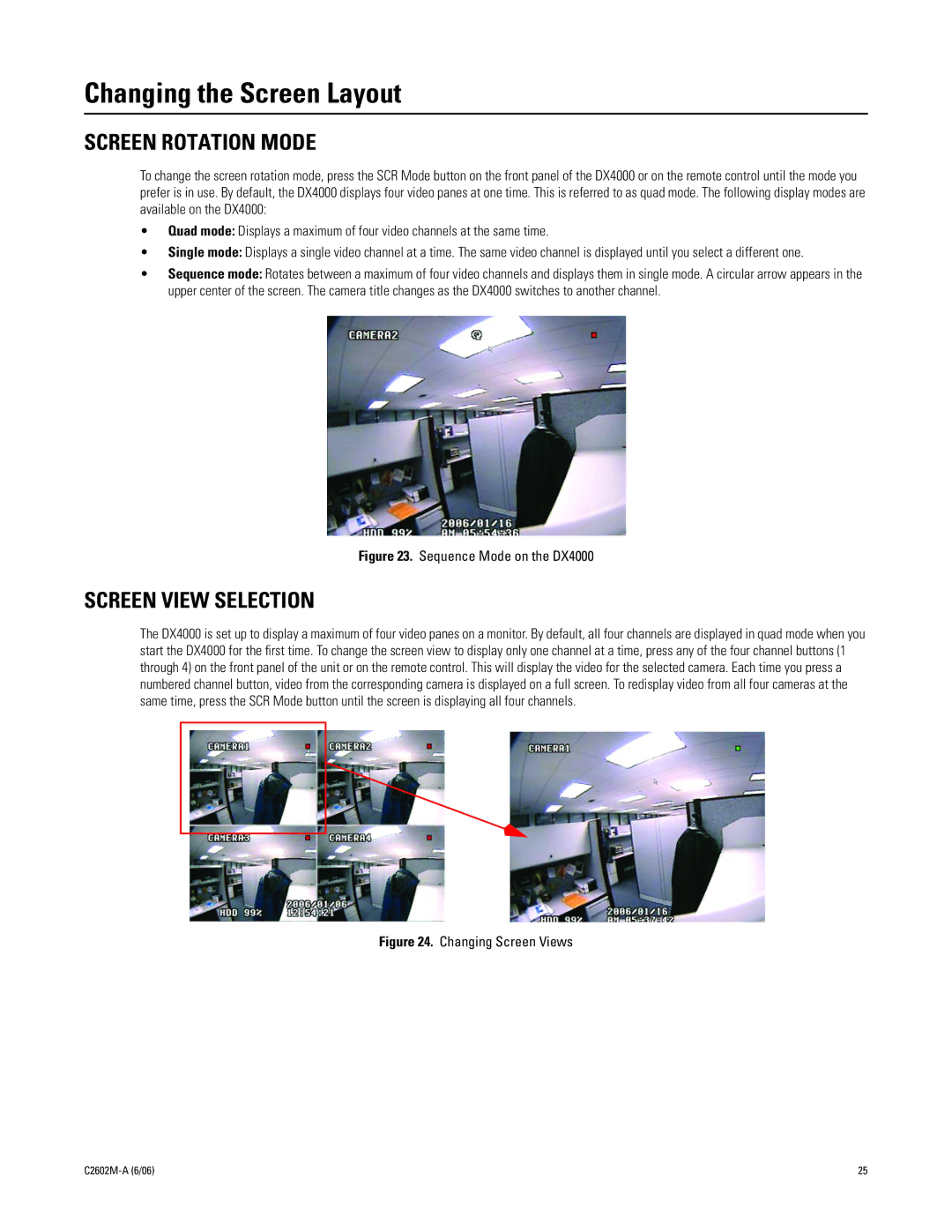 Pelco C2602M-a manual Changing the Screen Layout, Screen Rotation Mode, Screen View Selection 