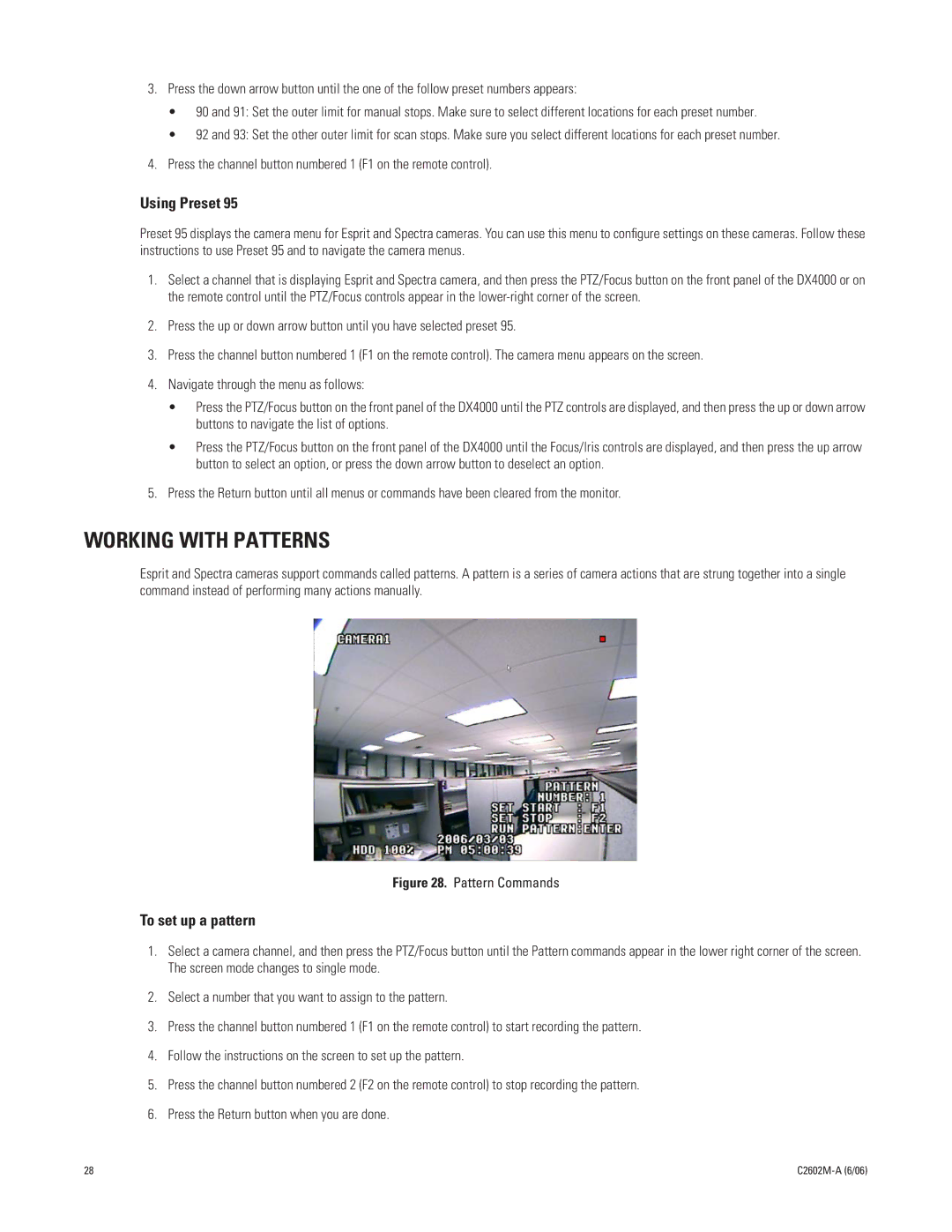 Pelco C2602M-a manual Working with Patterns, Using Preset, To set up a pattern 