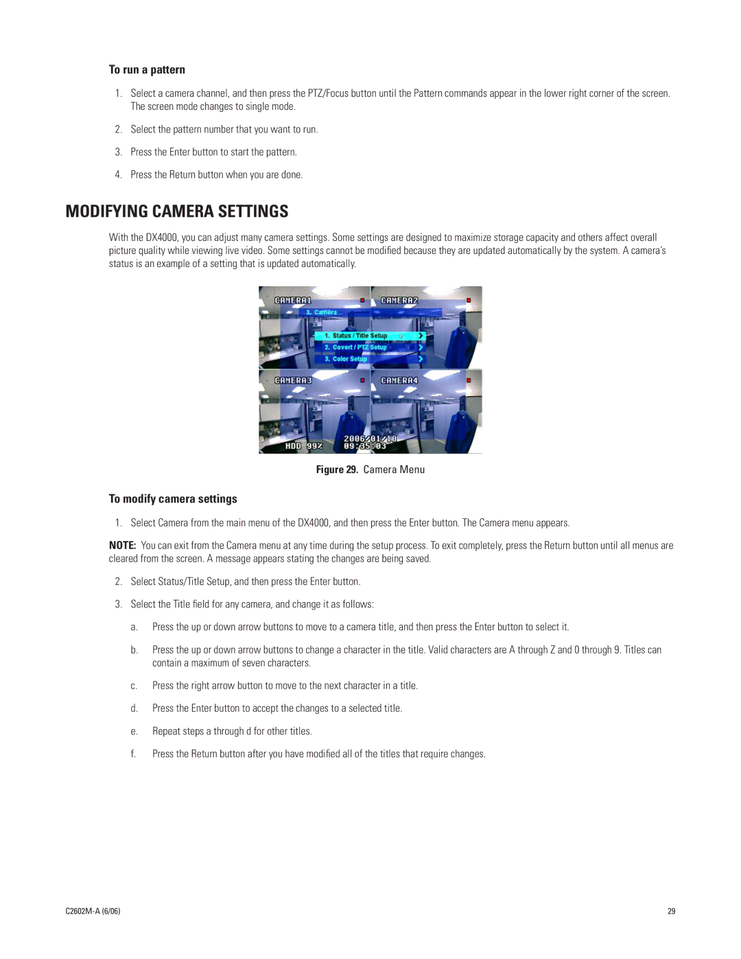 Pelco C2602M-a manual Modifying Camera Settings, To run a pattern, To modify camera settings 