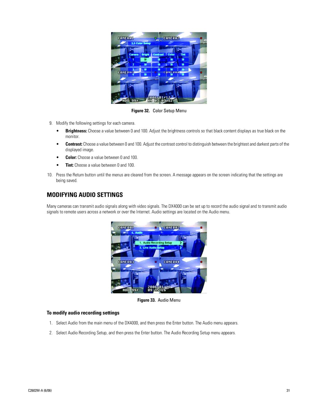 Pelco C2602M-a manual Modifying Audio Settings, To modify audio recording settings 