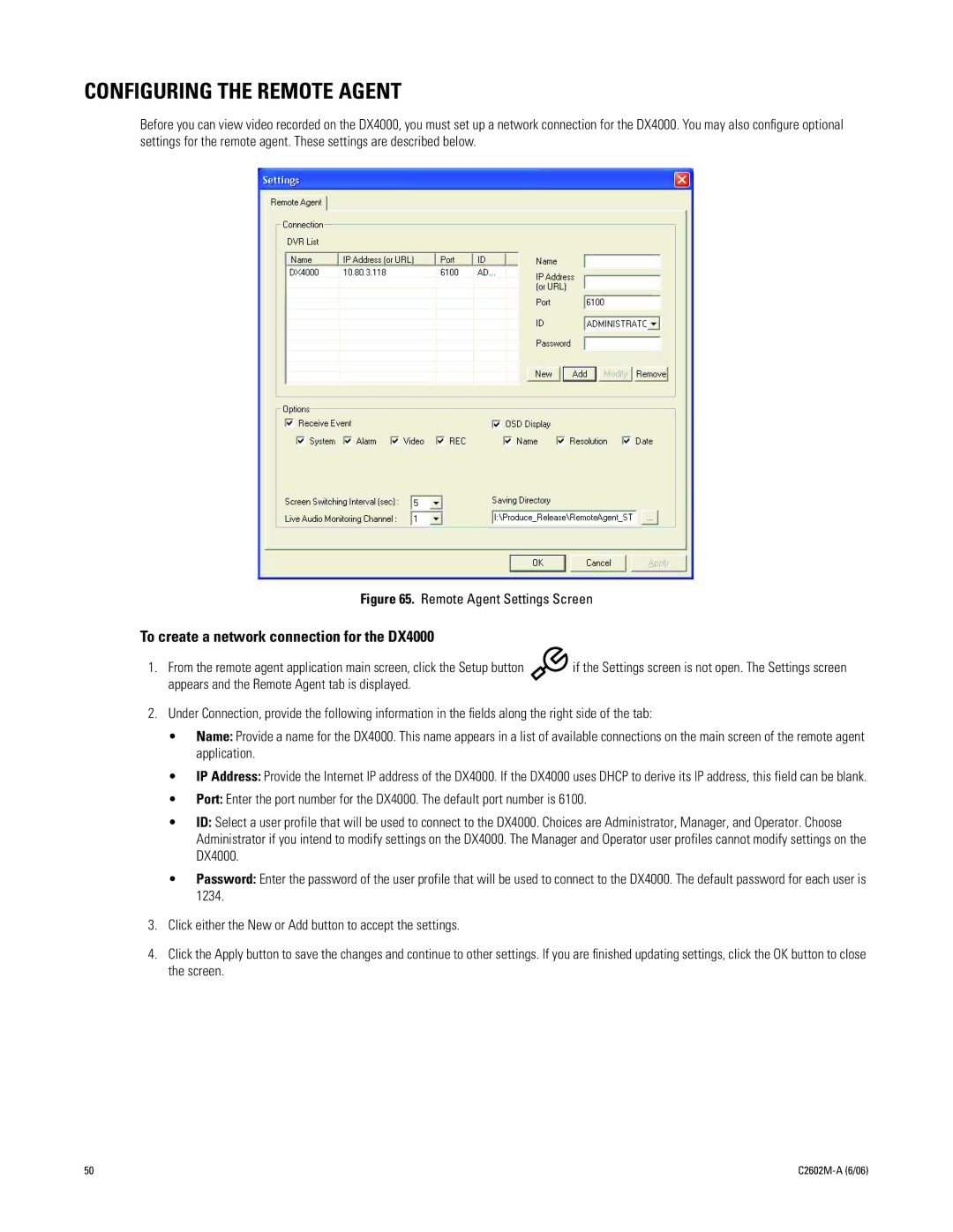 Pelco C2602M-a manual Configuring the Remote Agent, To create a network connection for the DX4000 