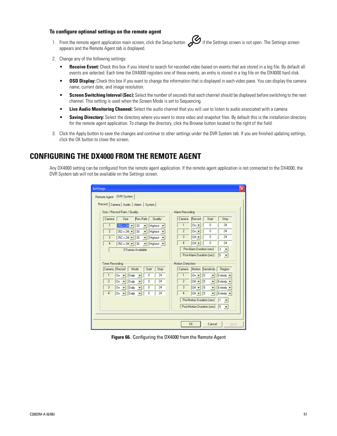 Pelco C2602M-a manual Configuring the DX4000 from the Remote Agent, To conﬁgure optional settings on the remote agent 