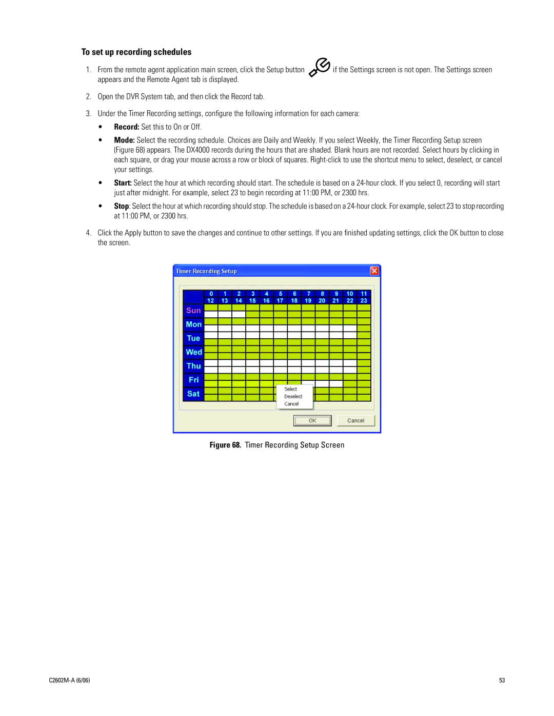 Pelco C2602M-a manual To set up recording schedules, Timer Recording Setup Screen 