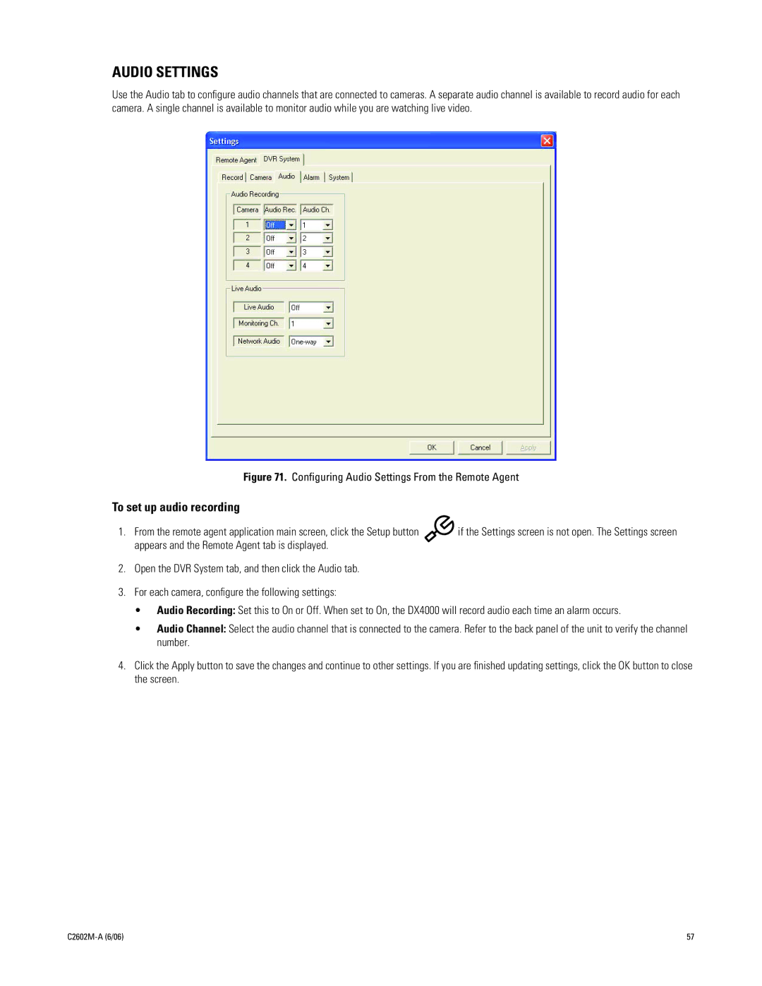 Pelco C2602M-a manual Audio Settings, To set up audio recording 