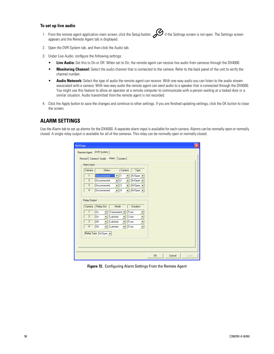 Pelco C2602M-a manual Alarm Settings, To set up live audio 