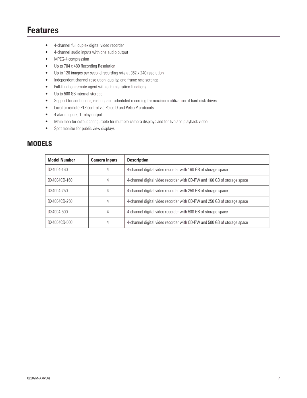 Pelco C2602M-a manual Features, Models 