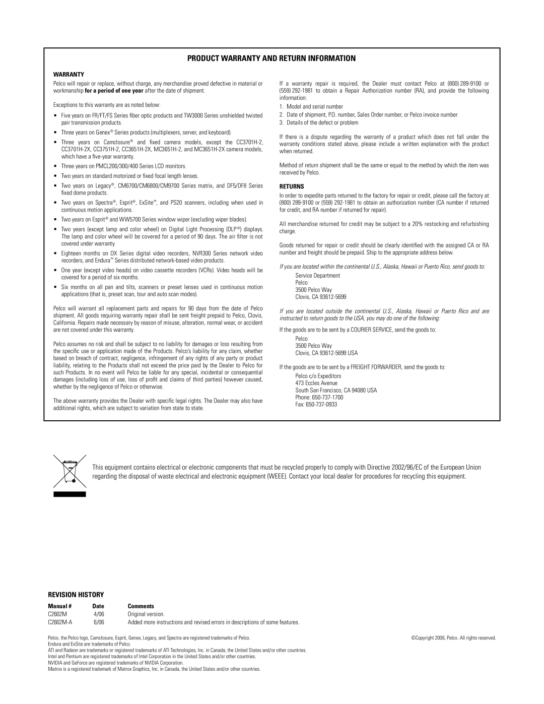 Pelco C2602M-a manual Product Warranty and Return Information 