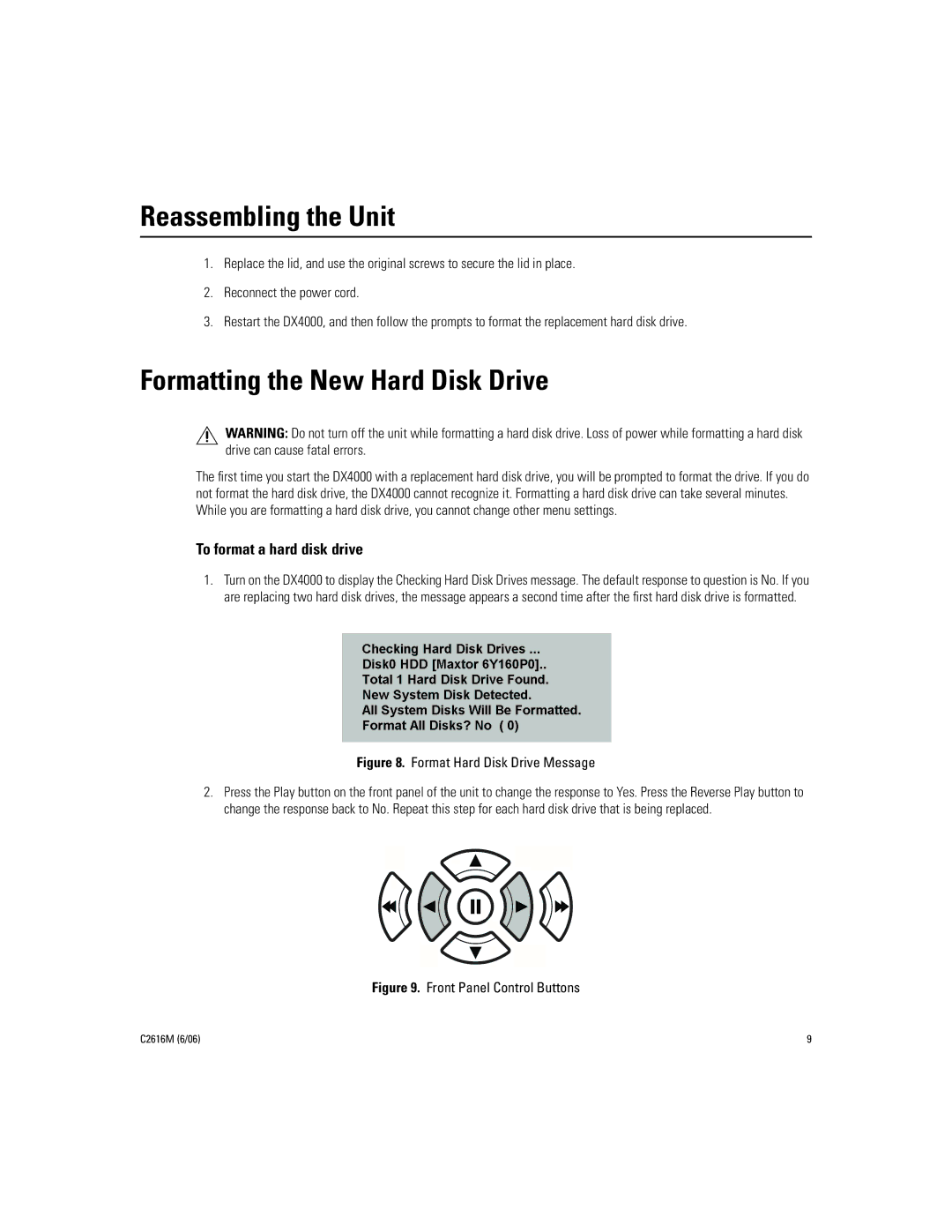 Pelco 06) 2 C2616M (6 manual Reassembling the Unit, Formatting the New Hard Disk Drive 