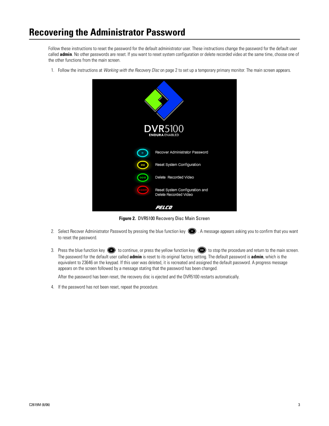 Pelco C2619M manual Recovering the Administrator Password 