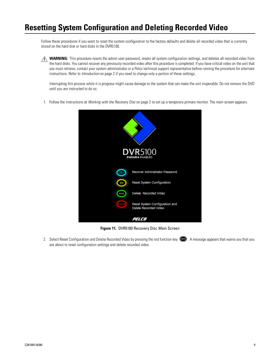 Pelco C2619M manual Resetting System Configuration and Deleting Recorded Video 