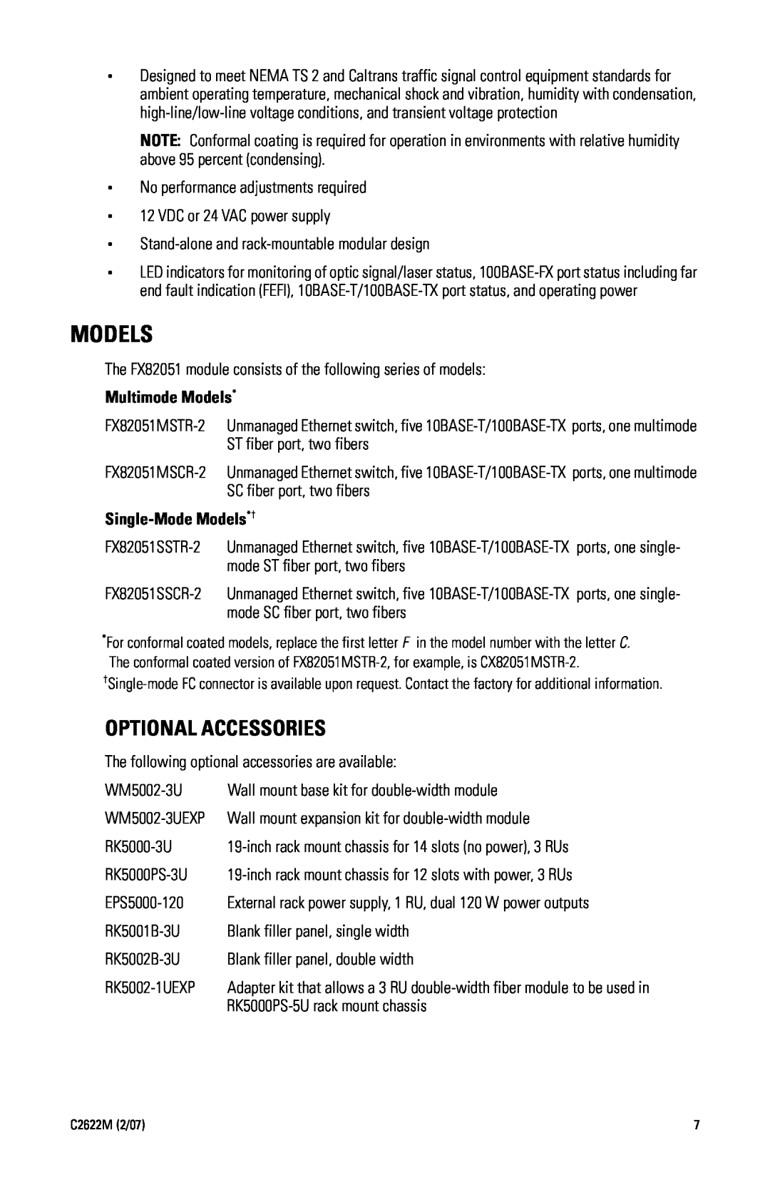 Pelco C2622M manual Optional Accessories, Multimode Models, Single-Mode Models*† 