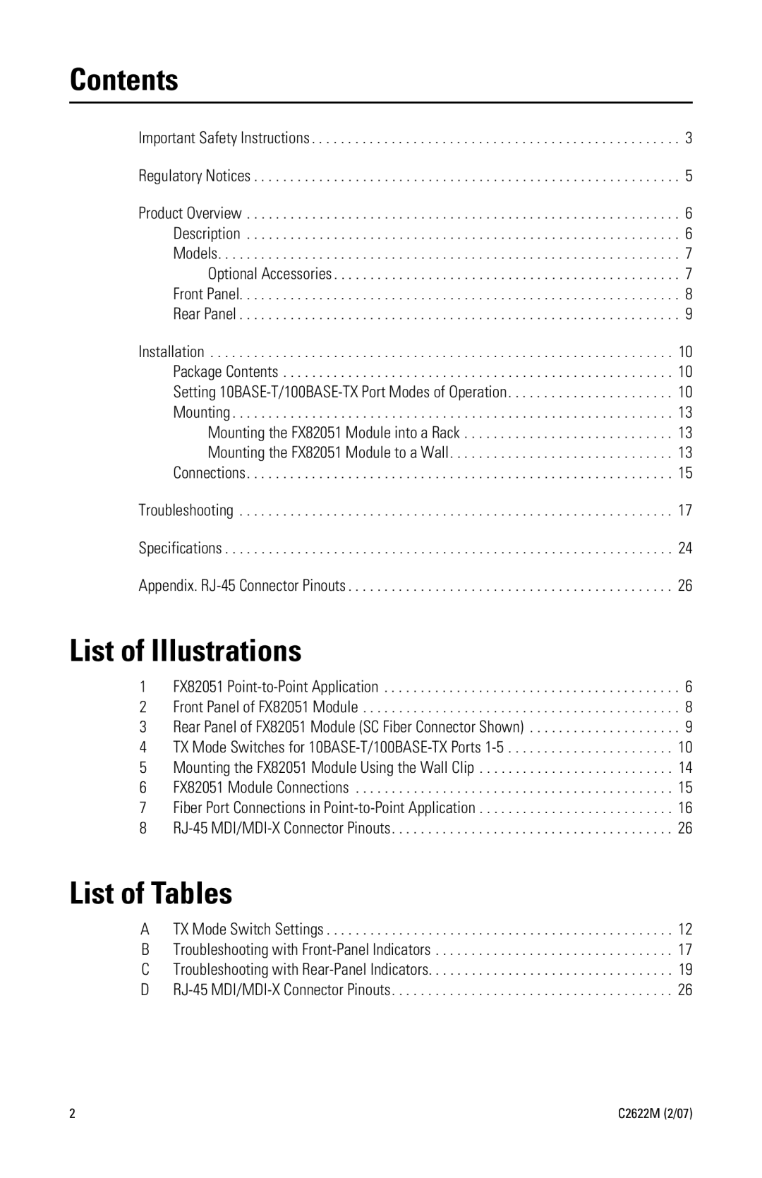 Pelco C2622M manual Contents, List of Illustrations, List of Tables 