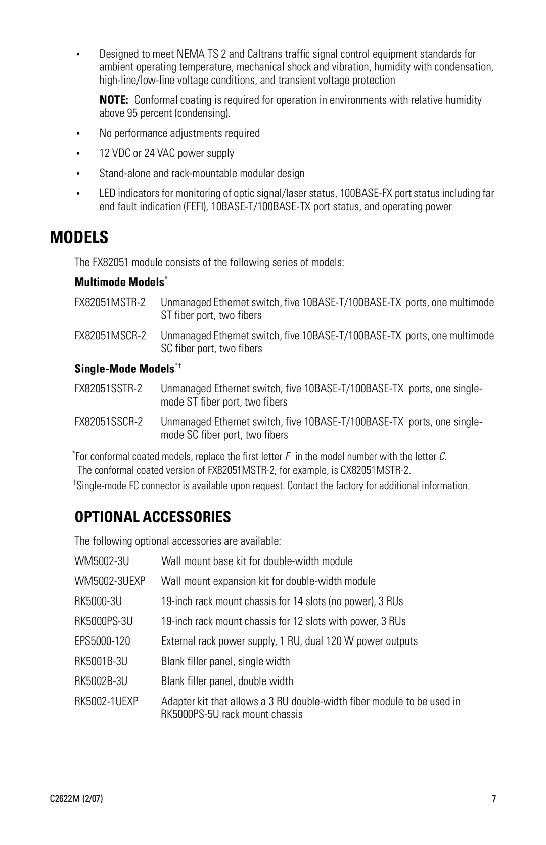 Pelco C2622M manual FX82051 module consists of the following series of models, Multimode Models, Single-Mode Models*† 