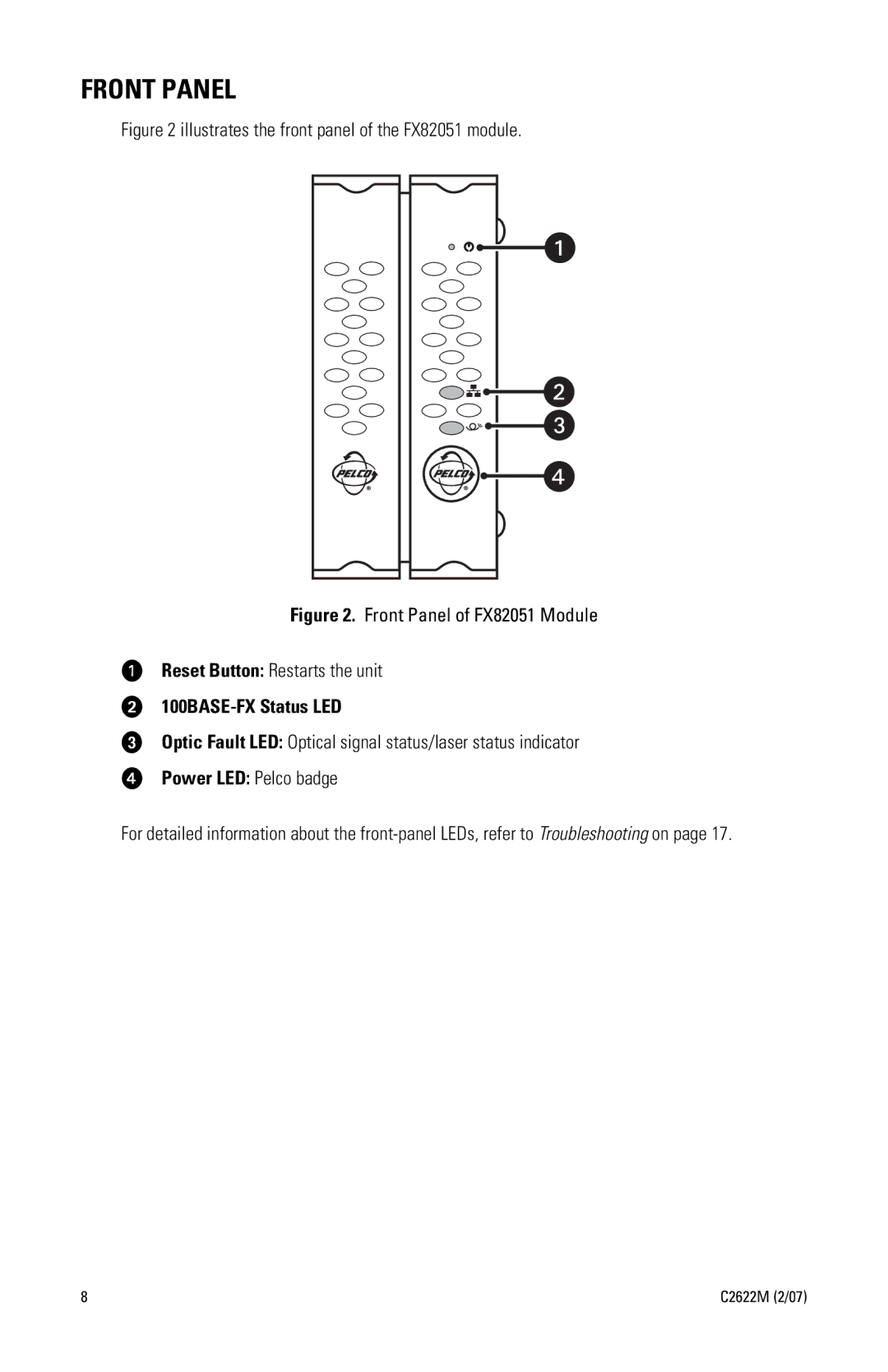 Pelco C2622M manual Front Panel, 100BASE-FX Status LED, Power LED Pelco badge 