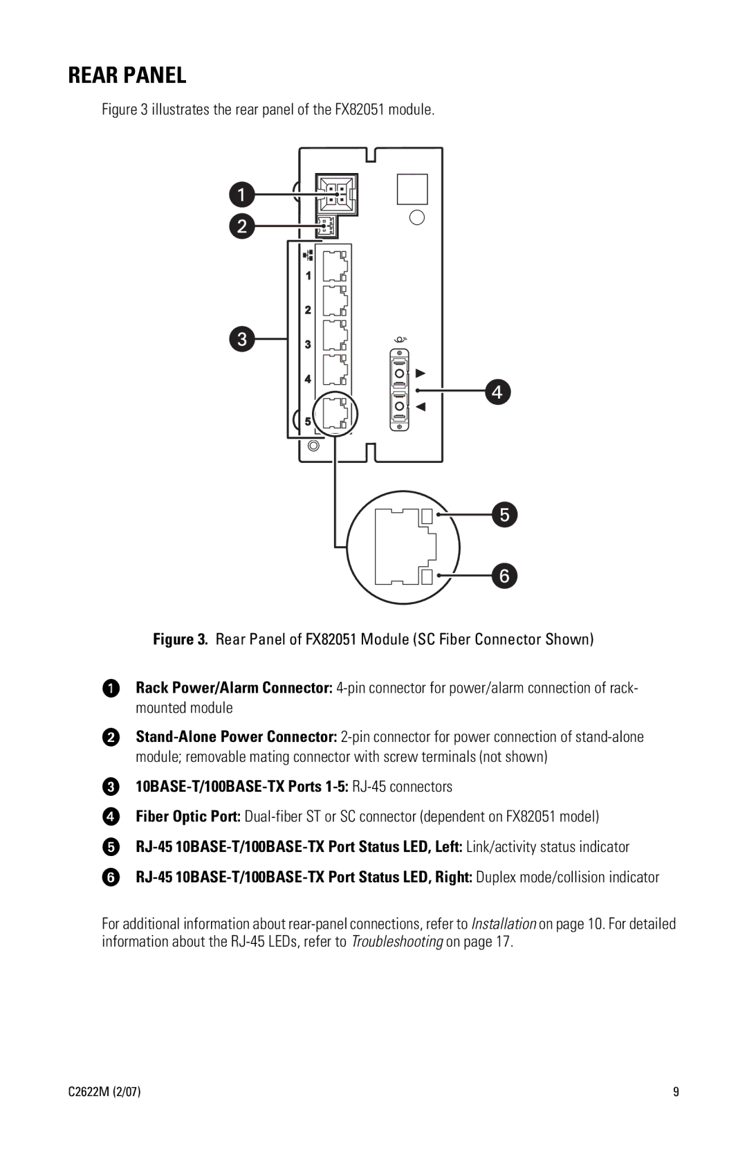 Pelco C2622M manual Rear Panel, 10BASE-T/100BASE-TX Ports 1-5 RJ-45 connectors 