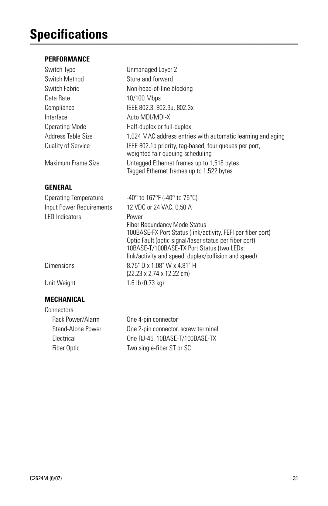 Pelco C2624M manual Specifications 