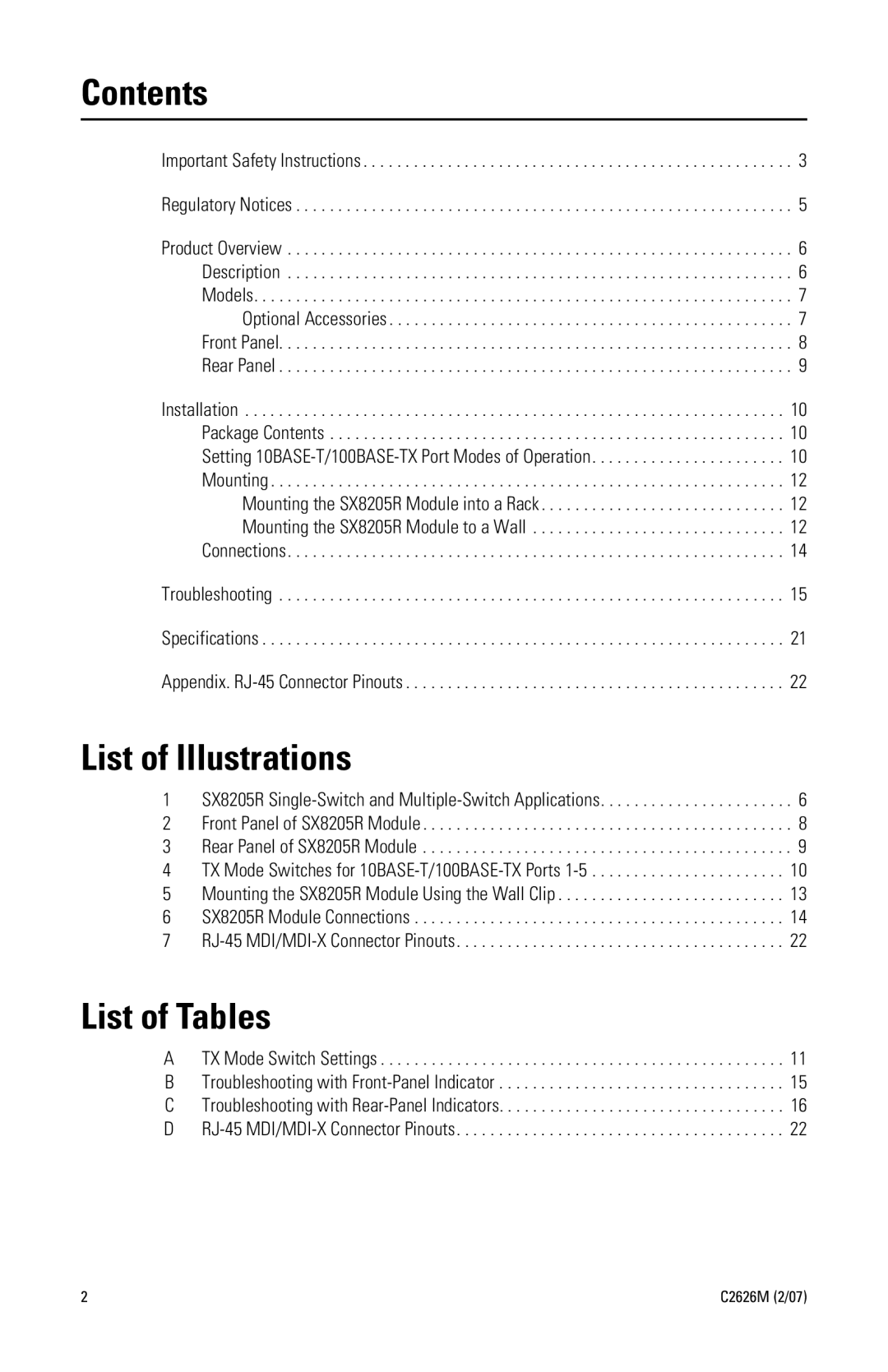 Pelco c2626M manual Contents, List of Illustrations, List of Tables 