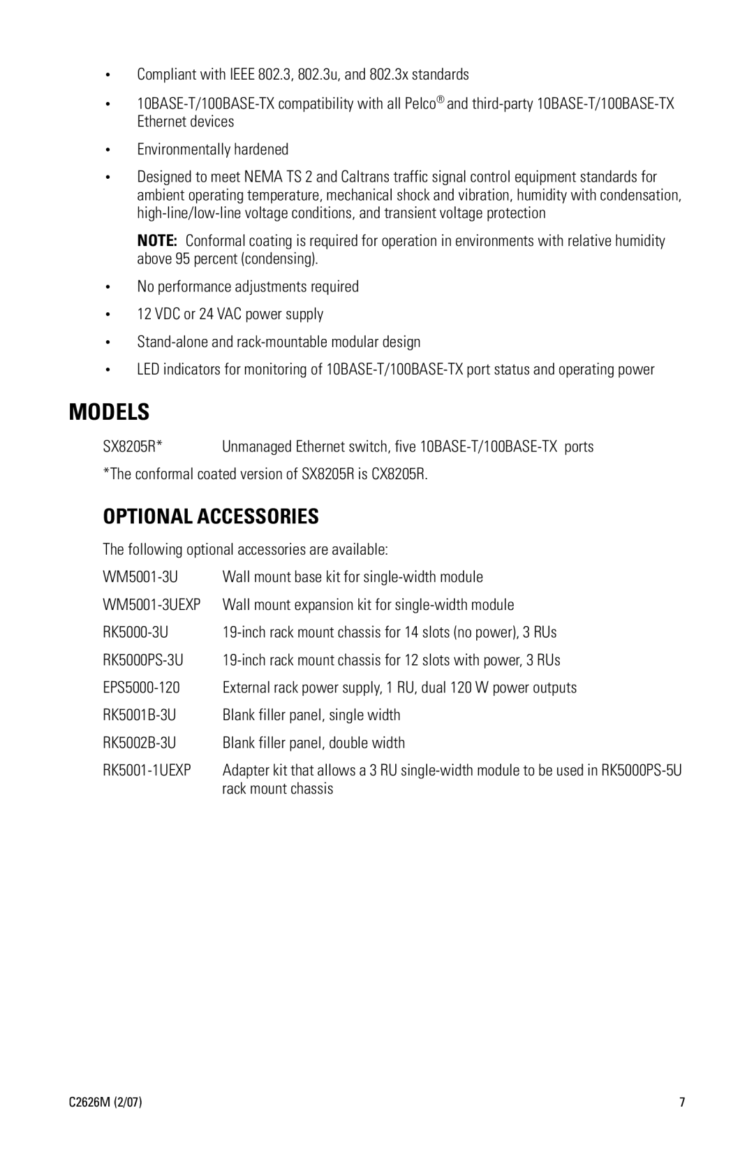 Pelco c2626M manual Models, Rack mount chassis 