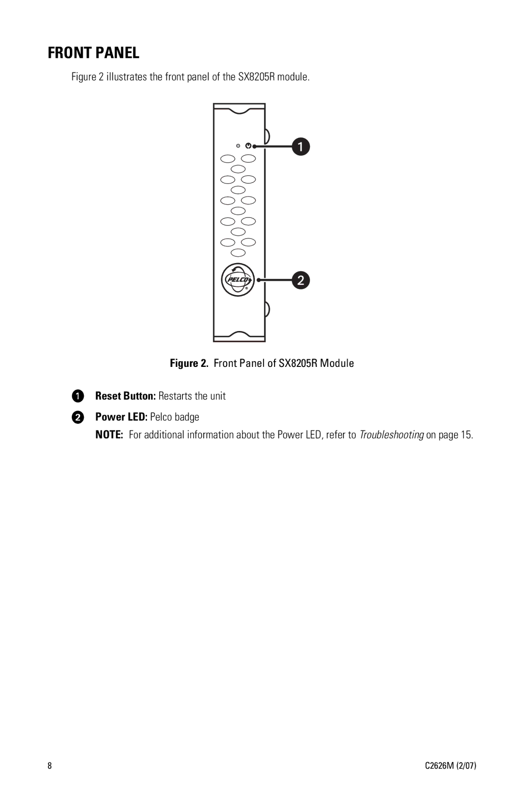 Pelco c2626M manual Illustrates the front panel of the SX8205R module 