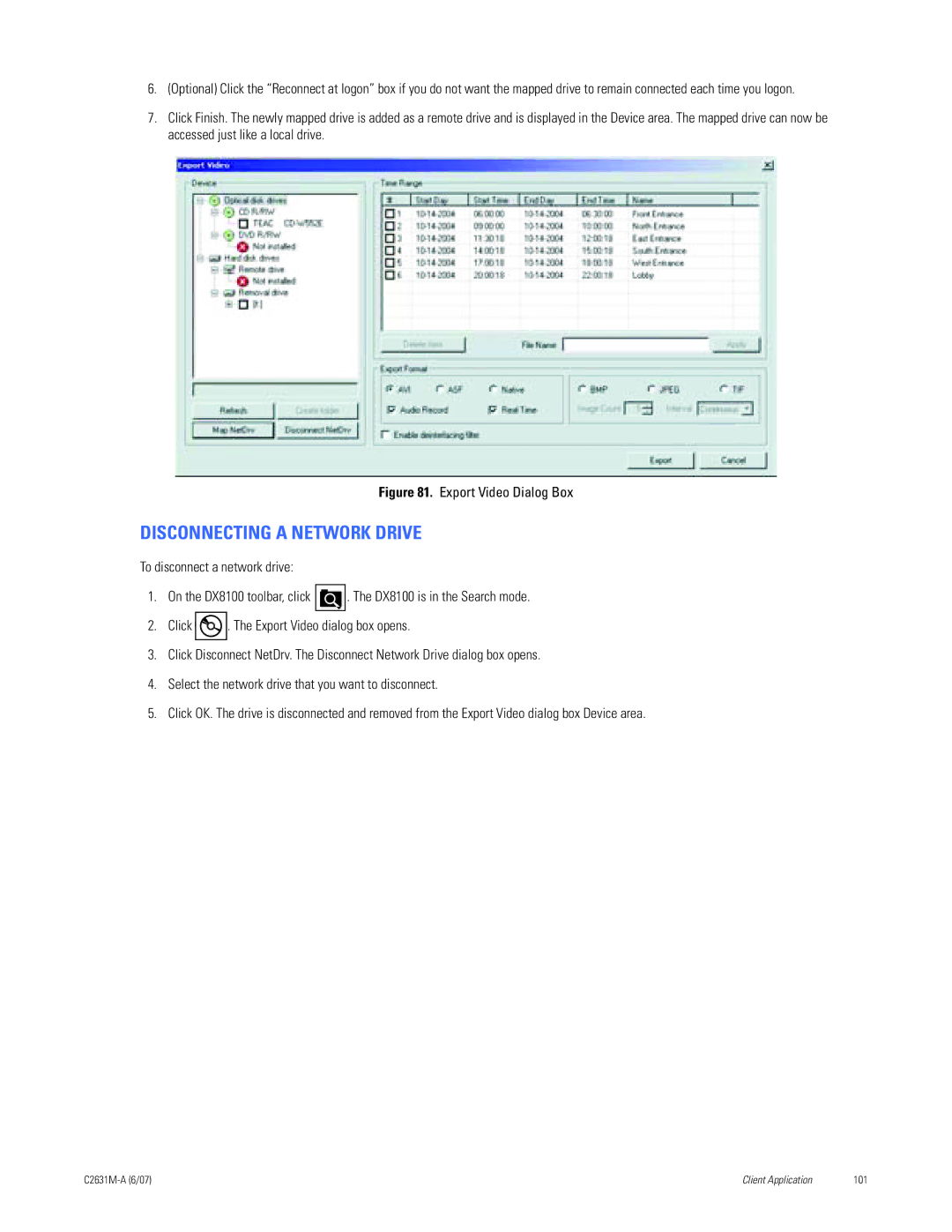 Pelco C2631M-A manual Disconnecting a Network Drive, Export Video Dialog Box 