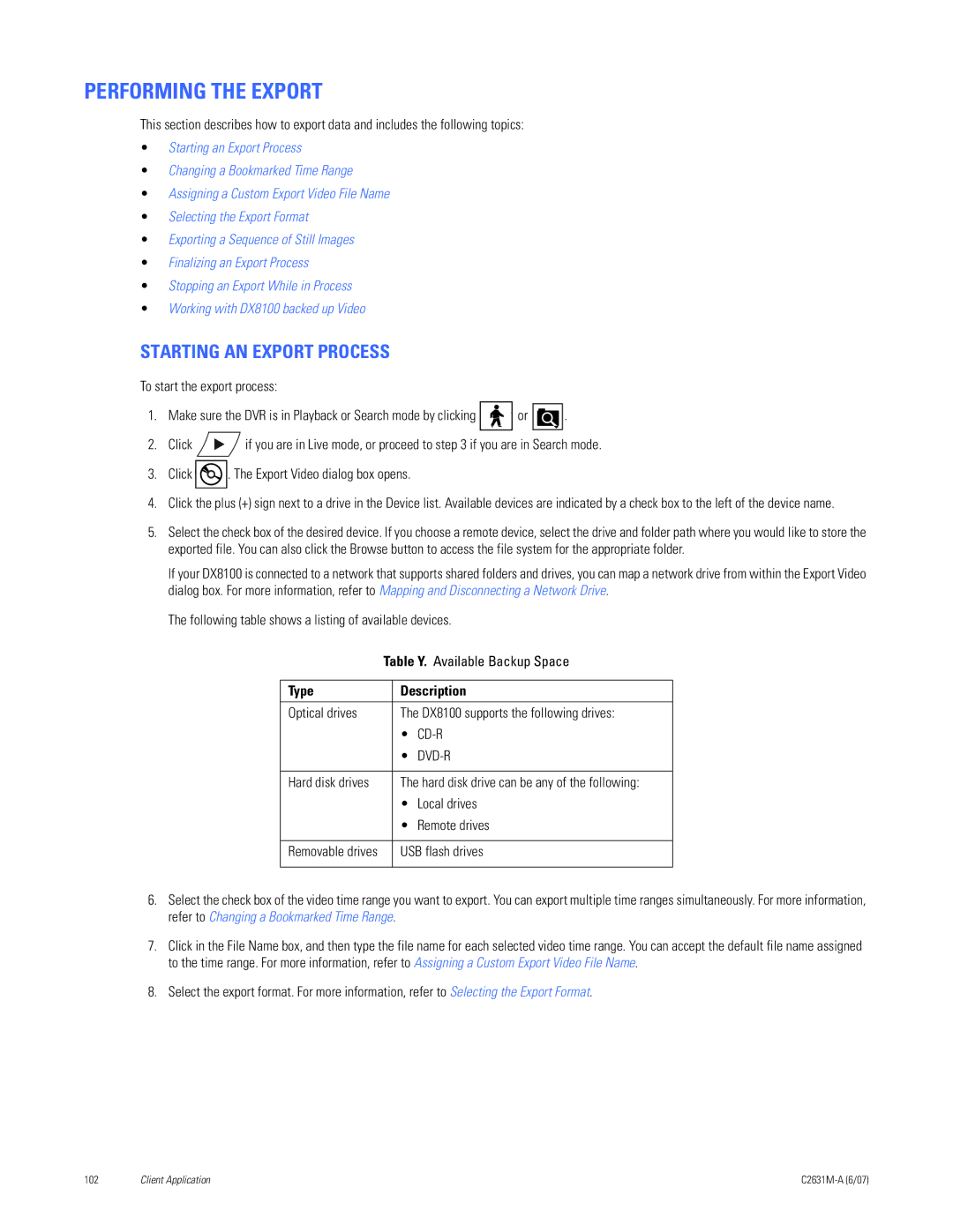 Pelco C2631M-A manual Performing the Export, Starting AN Export Process, Type Description 