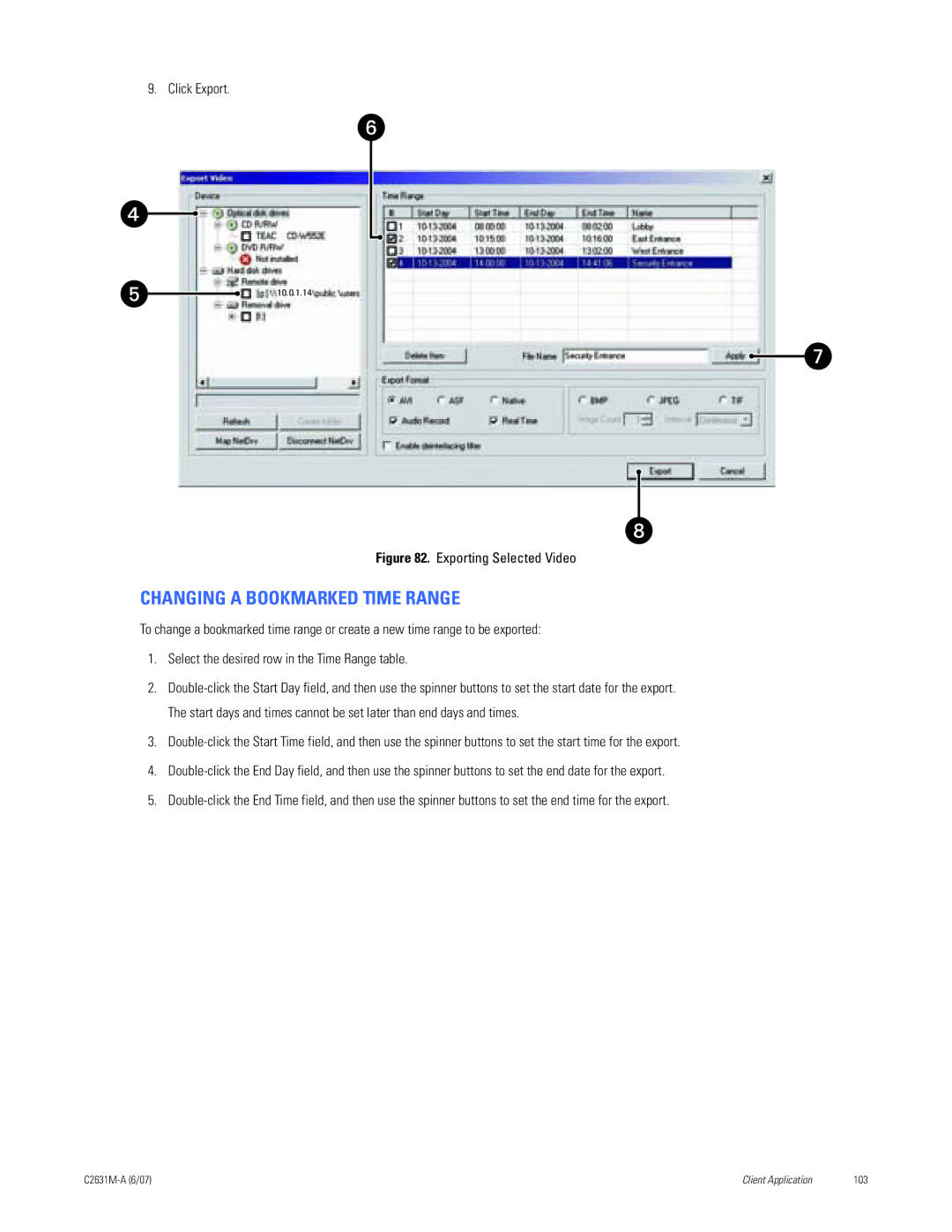 Pelco C2631M-A manual Changing a Bookmarked Time Range, Exporting Selected Video 