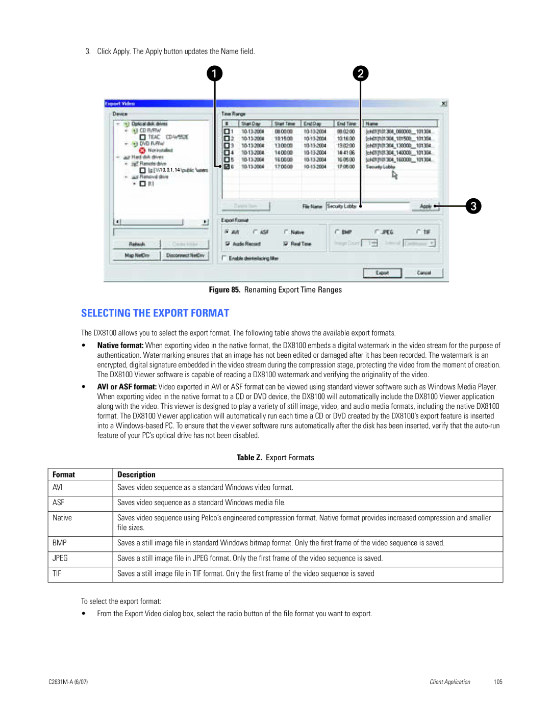 Pelco C2631M-A manual Selecting the Export Format, Format Description 