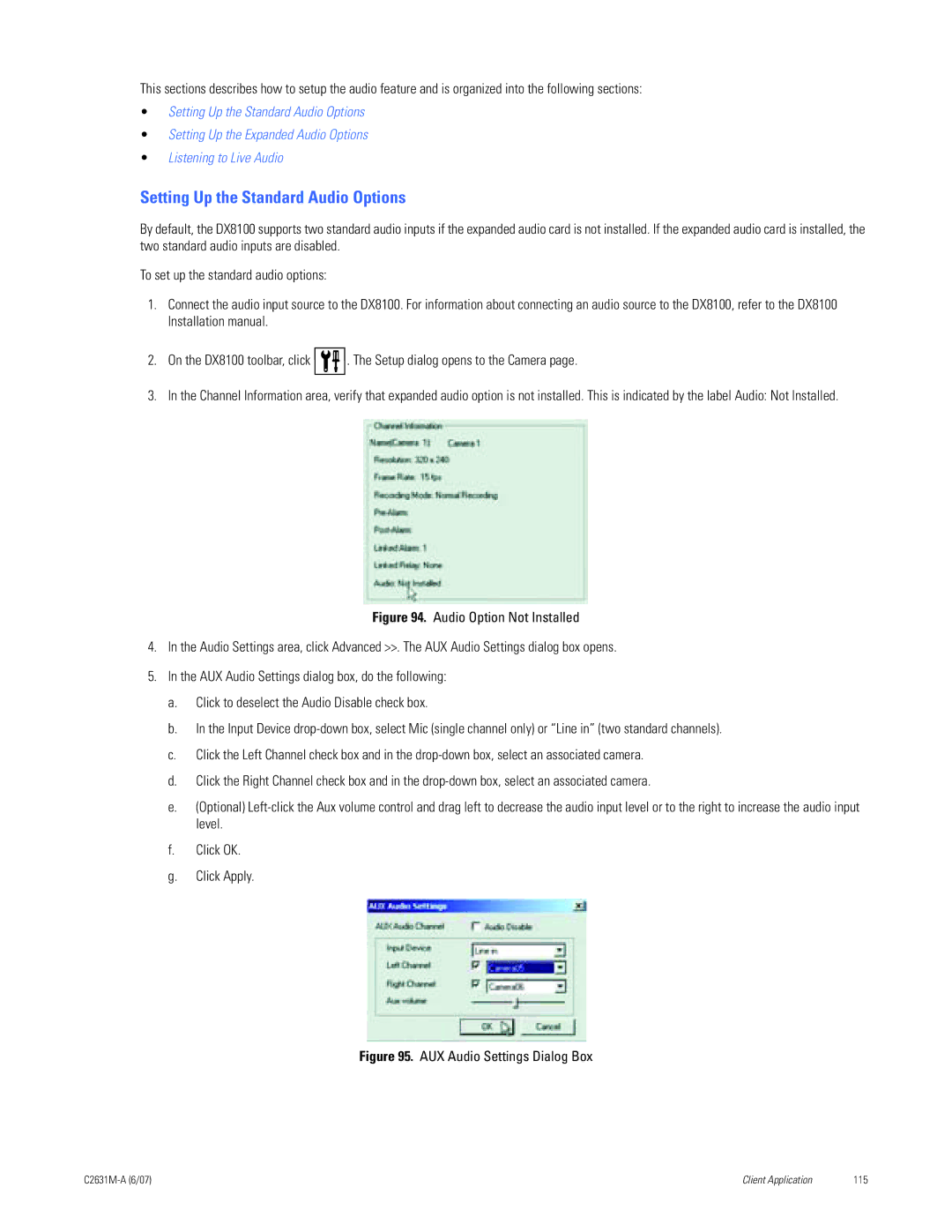 Pelco C2631M-A manual Setting Up the Standard Audio Options, AUX Audio Settings Dialog Box 