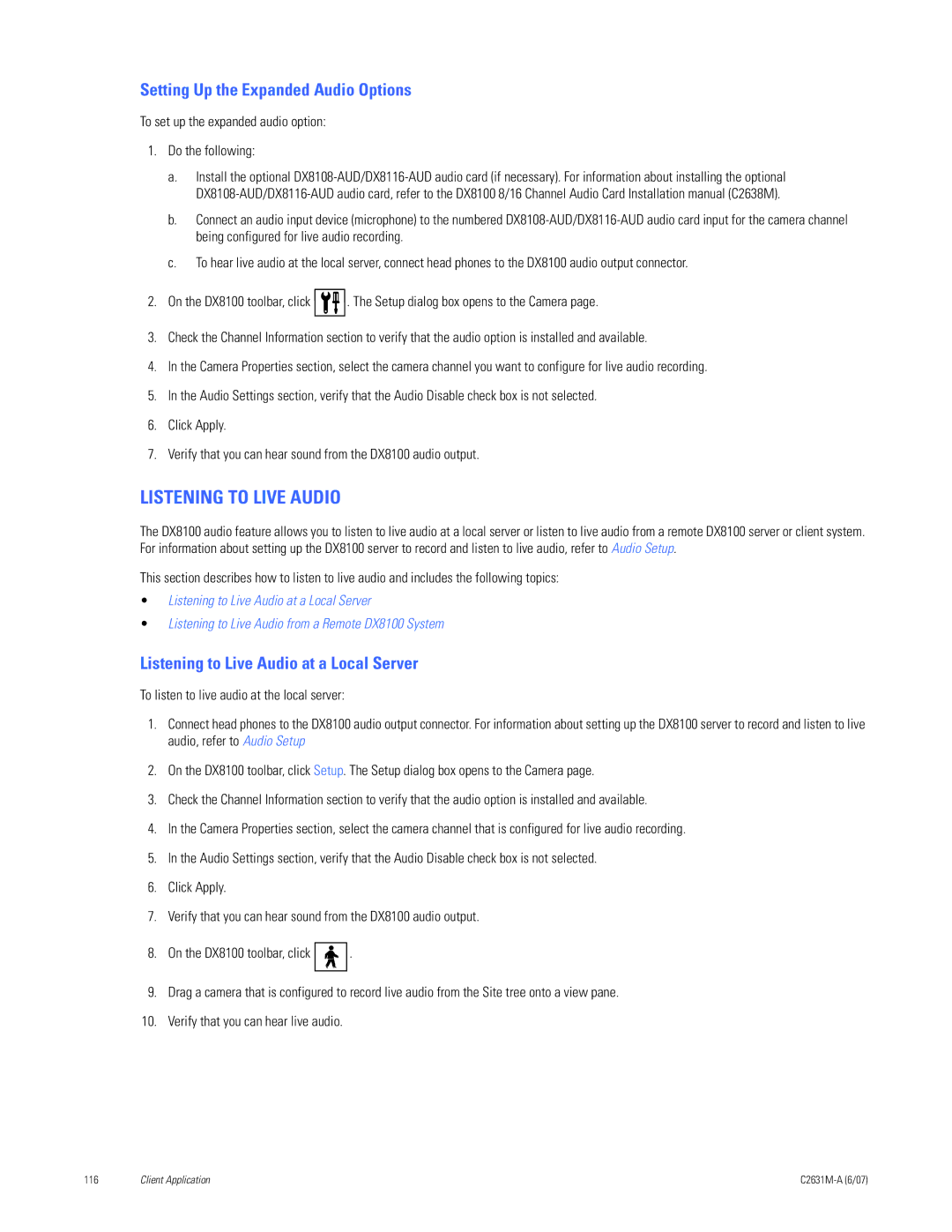 Pelco C2631M-A manual Setting Up the Expanded Audio Options, Listening to Live Audio at a Local Server 
