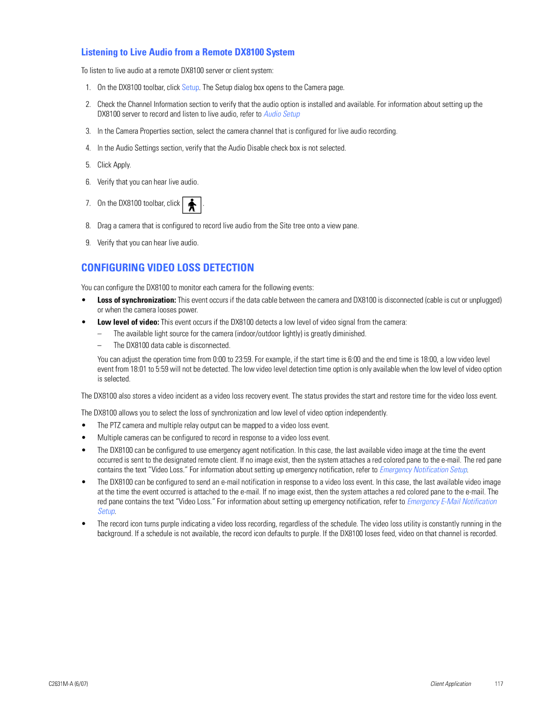 Pelco C2631M-A manual Configuring Video Loss Detection, Listening to Live Audio from a Remote DX8100 System 