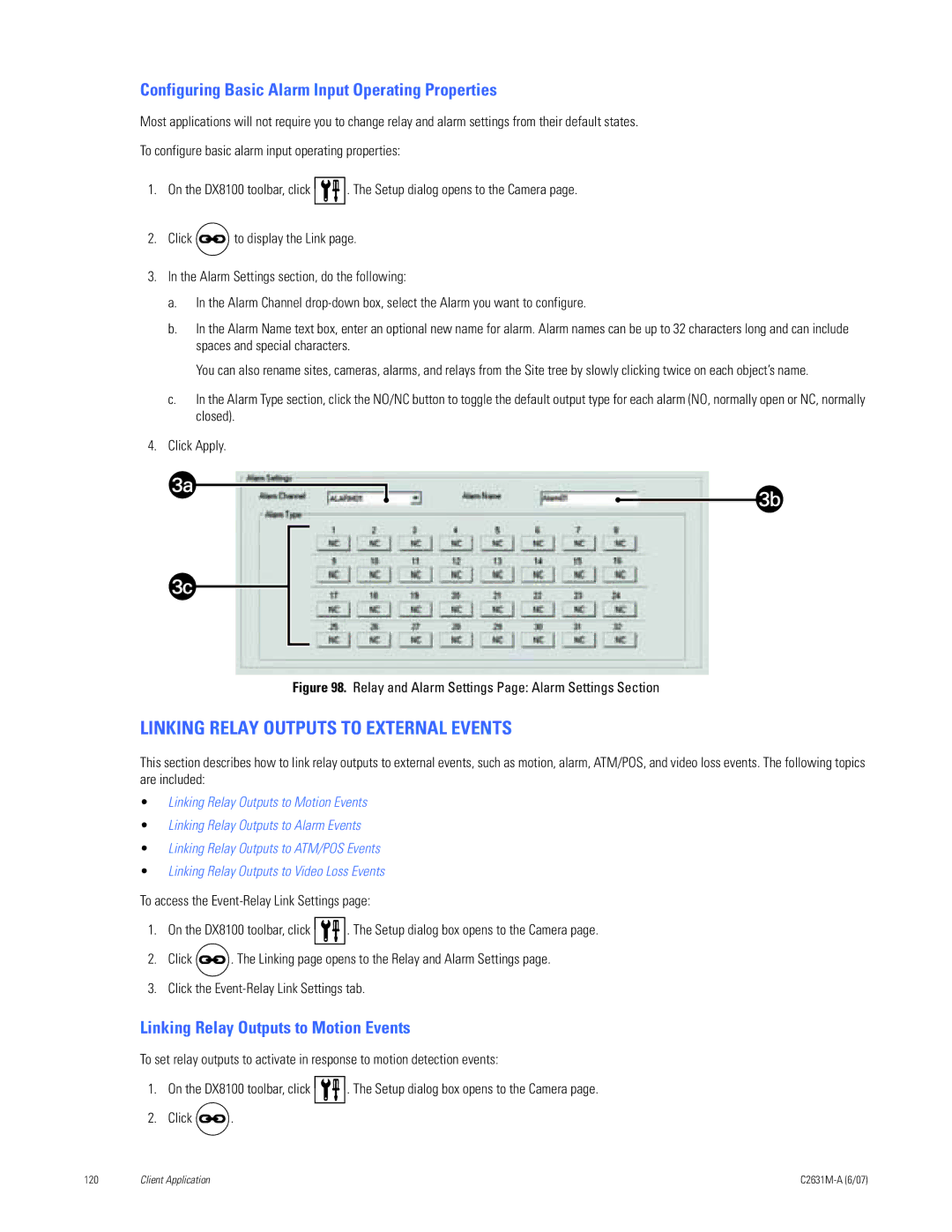 Pelco C2631M-A manual Linking Relay Outputs to External Events, Configuring Basic Alarm Input Operating Properties 