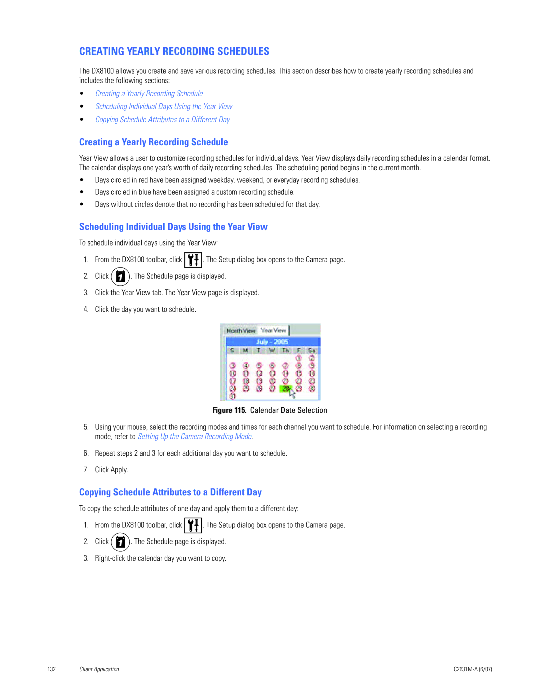 Pelco C2631M-A manual Creating Yearly Recording Schedules, Creating a Yearly Recording Schedule 