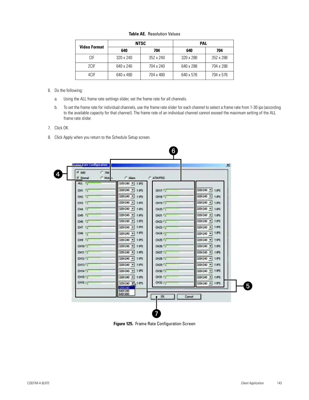 Pelco C2631M-A manual Table AE. Resolution Values, Frame Rate Configuration Screen 