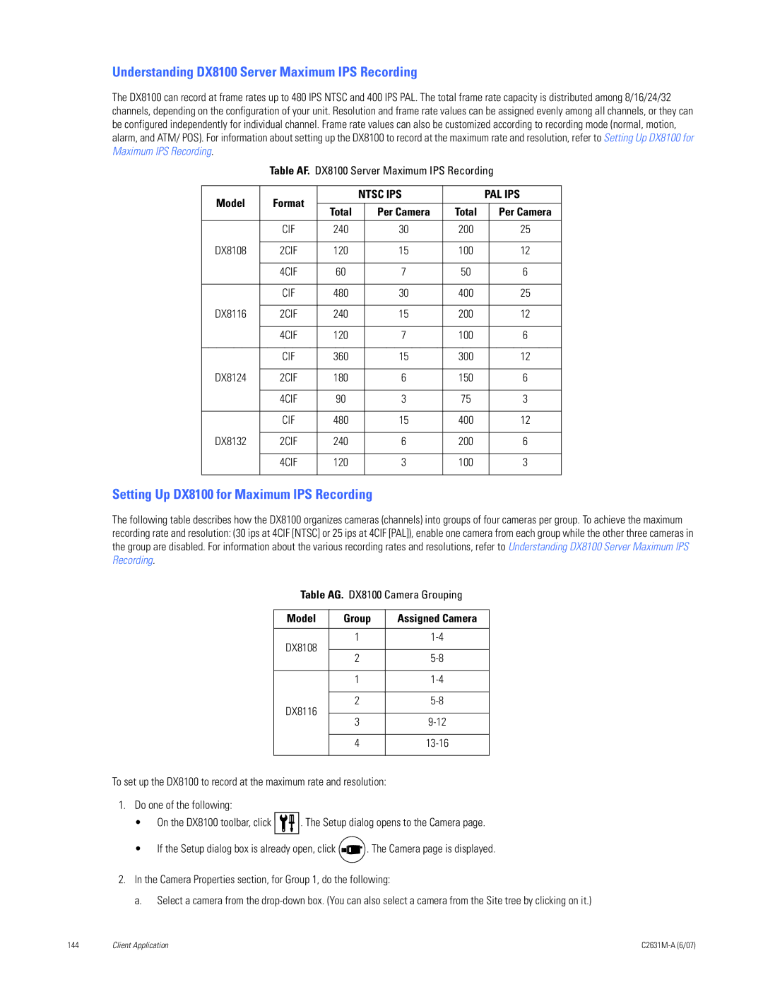 Pelco C2631M-A Understanding DX8100 Server Maximum IPS Recording, Setting Up DX8100 for Maximum IPS Recording, Model Group 
