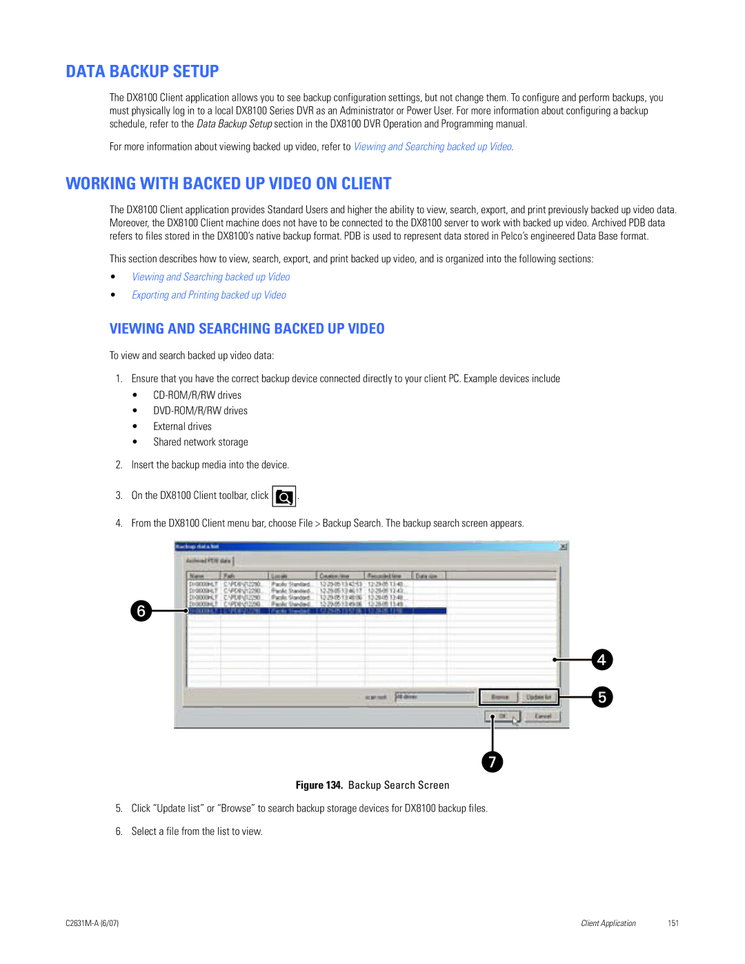 Pelco C2631M-A manual Data Backup Setup, Working with Backed UP Video on Client, Viewing and Searching Backed UP Video 