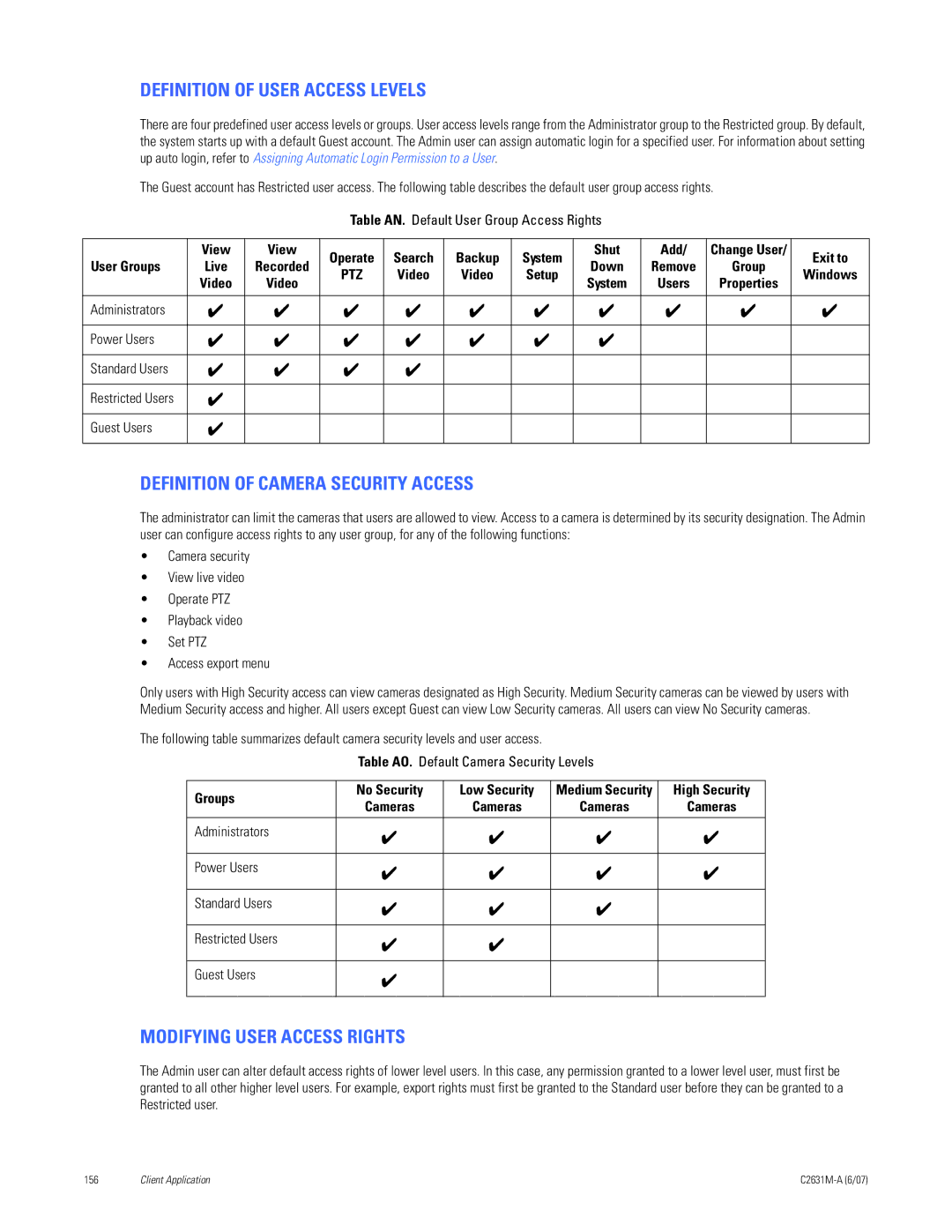Pelco C2631M-A manual Definition of User Access Levels, Definition of Camera Security Access, Modifying User Access Rights 