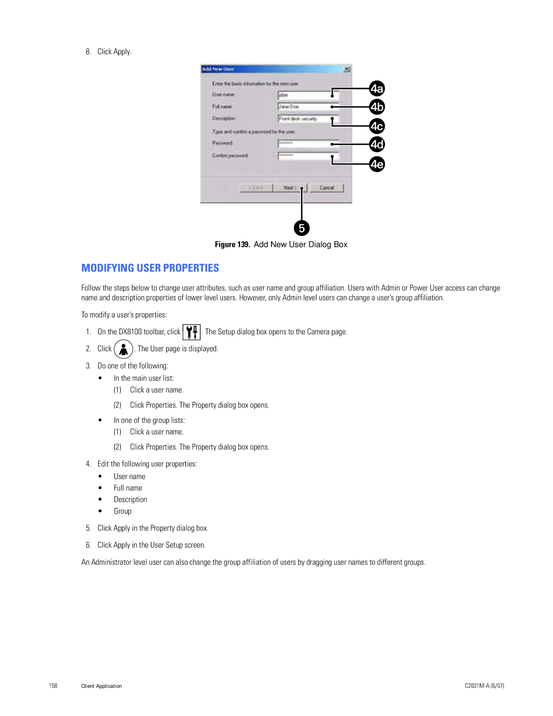 Pelco C2631M-A manual Modifying User Properties, Add New User Dialog Box 