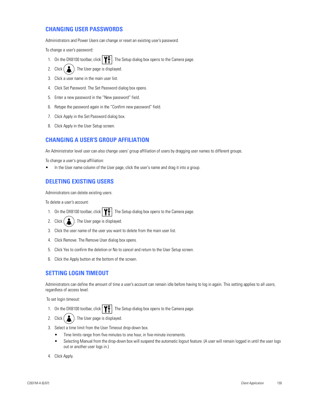Pelco C2631M-A manual Changing User Passwords, Changing a USER’S Group Affiliation, Deleting Existing Users 