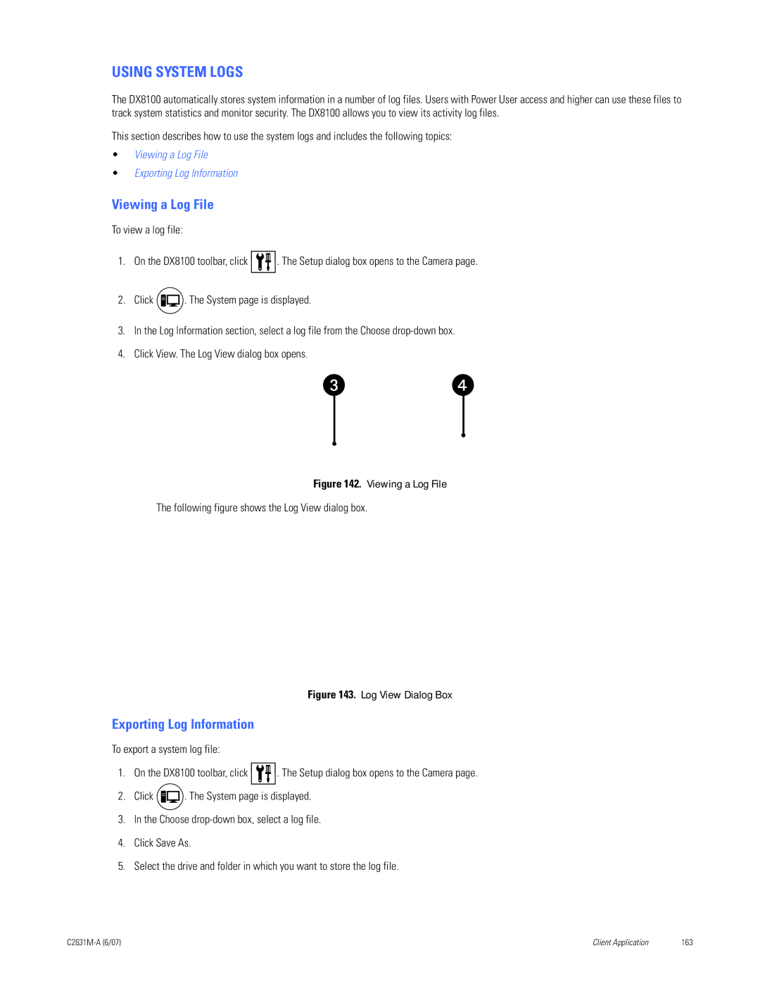 Pelco C2631M-A manual Using System Logs, Viewing a Log File, Exporting Log Information 