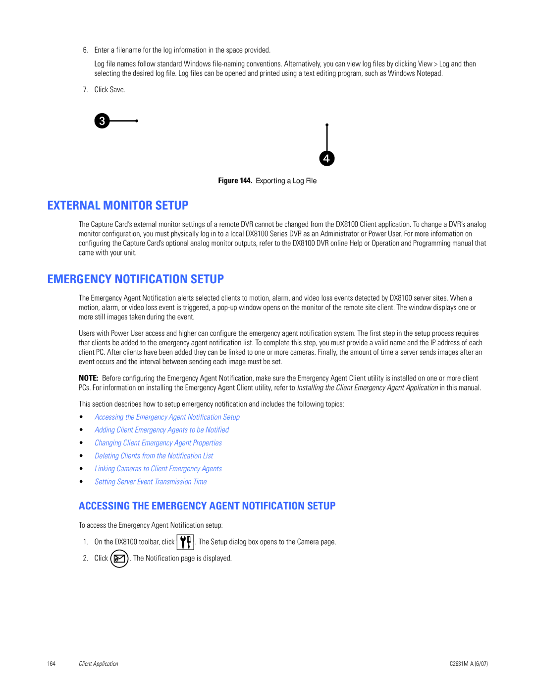 Pelco C2631M-A External Monitor Setup, Emergency Notification Setup, Accessing the Emergency Agent Notification Setup 