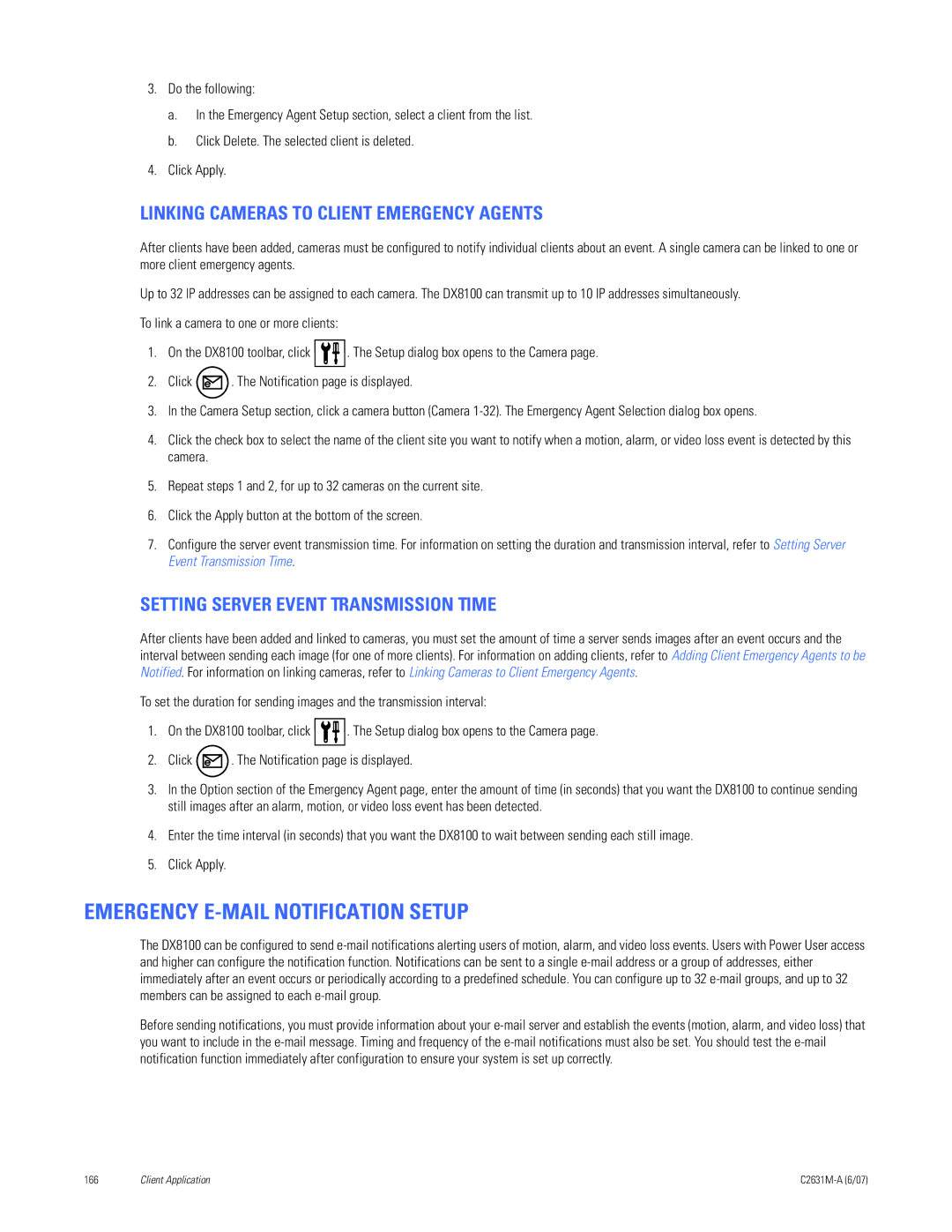 Pelco C2631M-A manual Emergency E-MAIL Notification Setup, Linking Cameras to Client Emergency Agents 