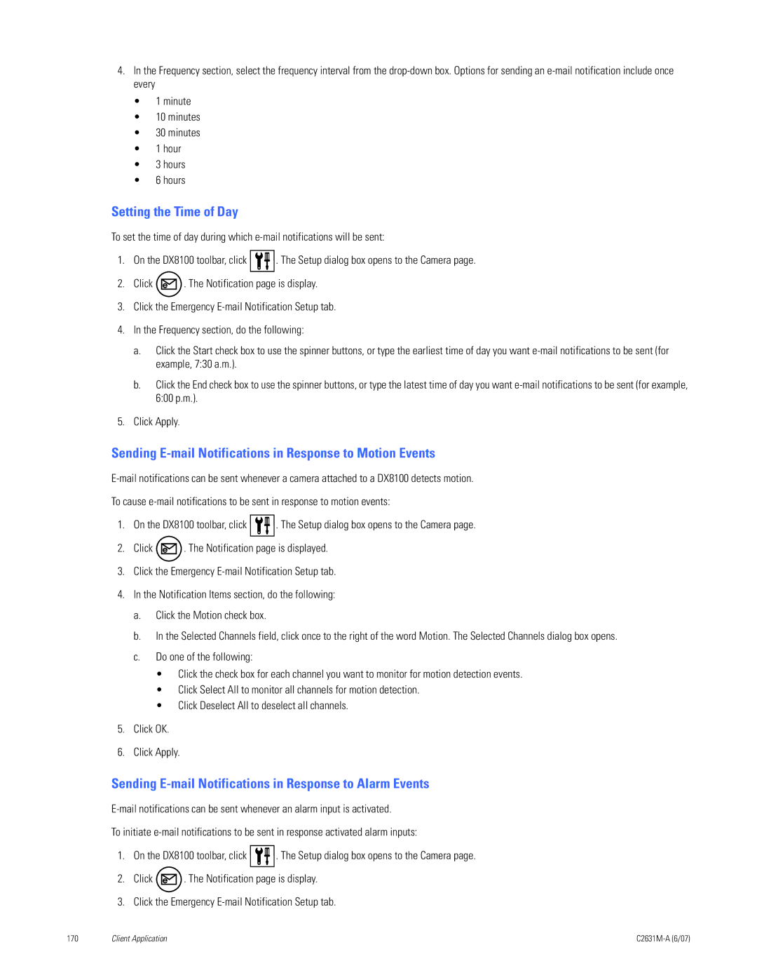 Pelco C2631M-A manual Setting the Time of Day, Sending E-mail Notifications in Response to Motion Events 