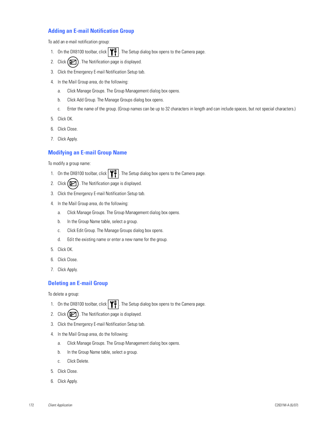 Pelco C2631M-A manual Adding an E-mail Notification Group, Modifying an E-mail Group Name, Deleting an E-mail Group 