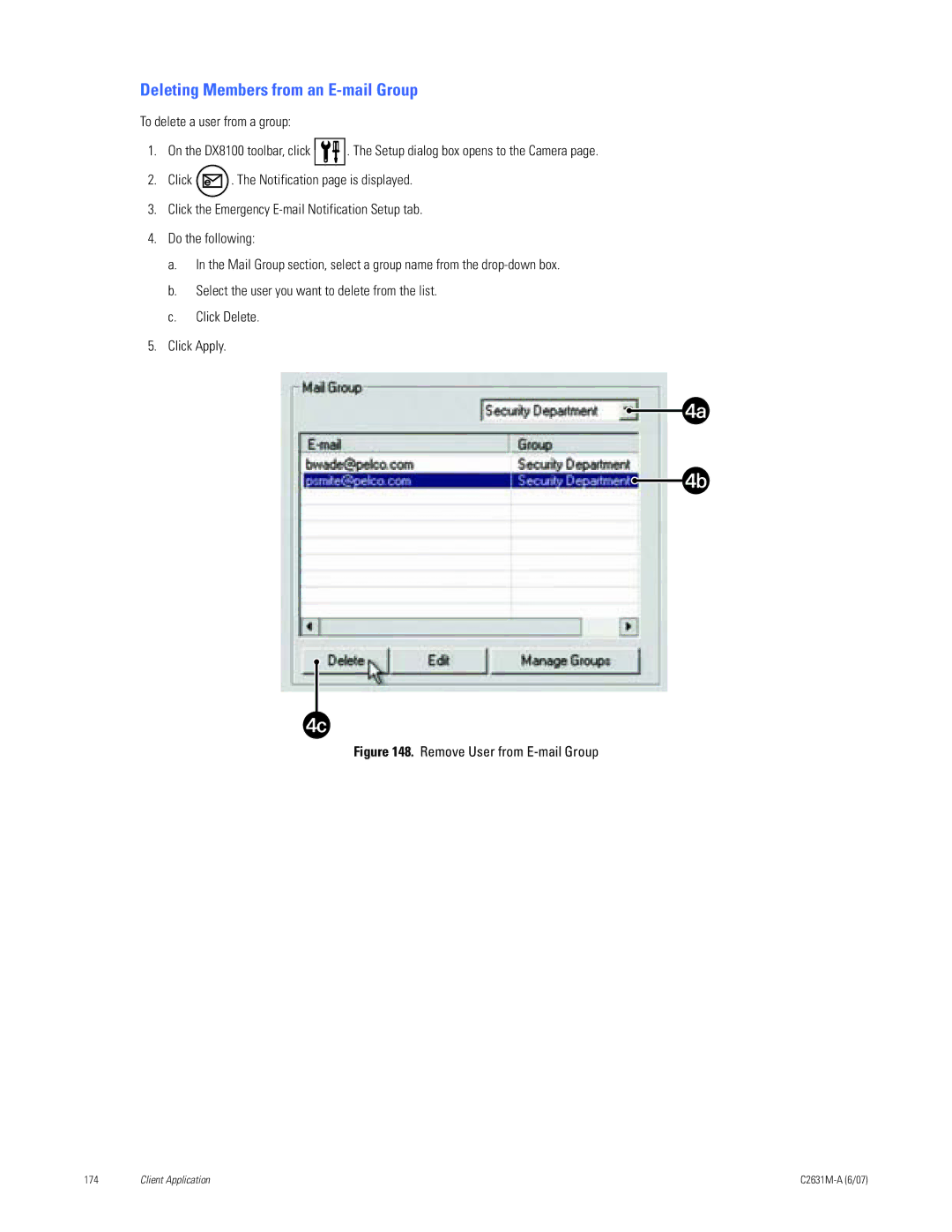 Pelco C2631M-A manual Deleting Members from an E-mail Group, Remove User from E-mail Group 