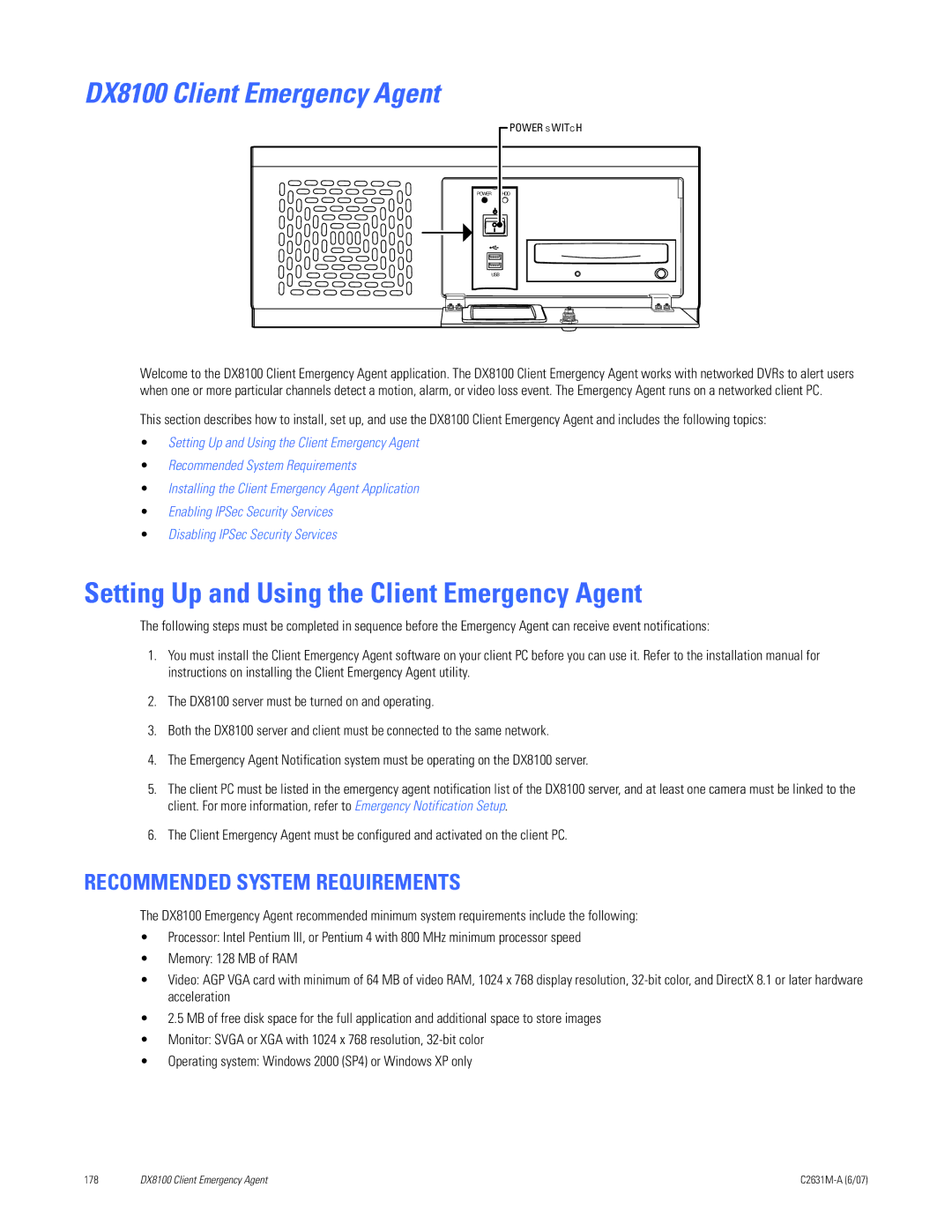 Pelco C2631M-A manual DX8100 Client Emergency Agent, Setting Up and Using the Client Emergency Agent 