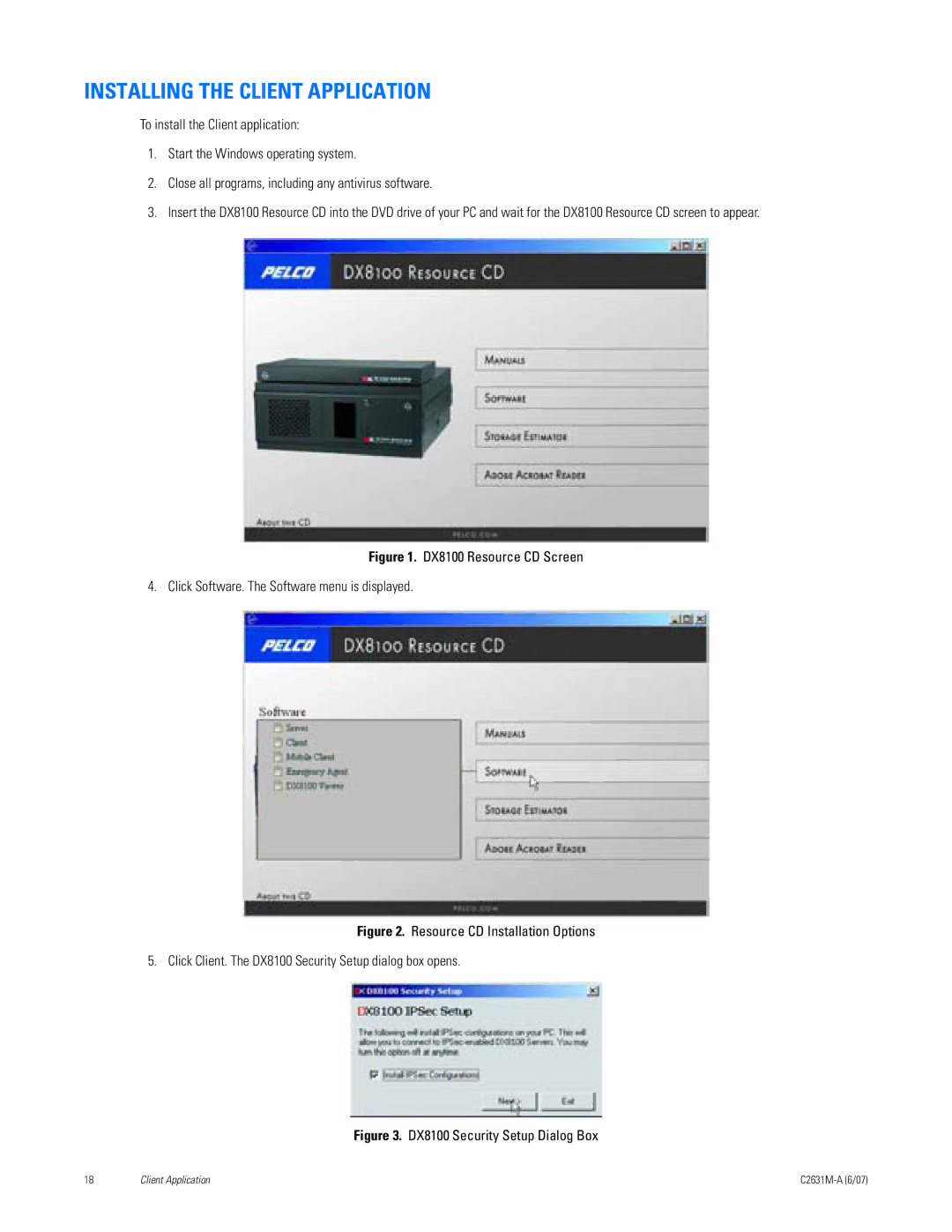 Pelco C2631M-A manual Installing the Client Application, DX8100 Security Setup Dialog Box 