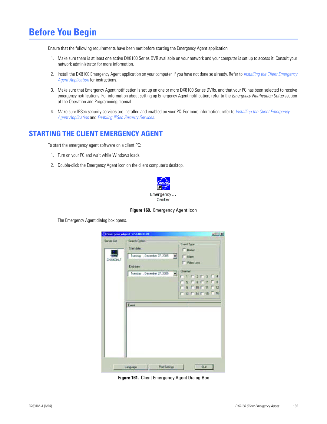 Pelco C2631M-A manual Before You Begin, Starting the Client Emergency Agent 