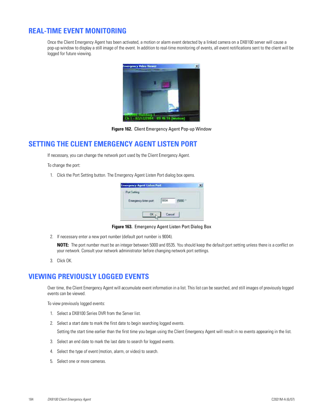 Pelco C2631M-A manual REAL-TIME Event Monitoring, Setting the Client Emergency Agent Listen Port 