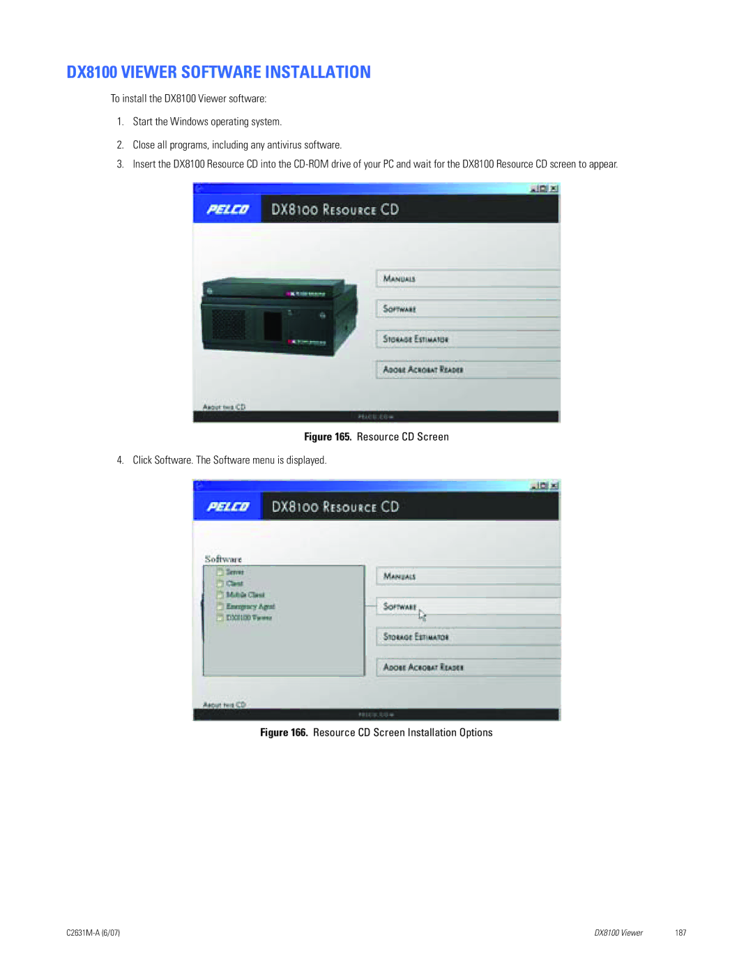 Pelco C2631M-A manual DX8100 Viewer Software Installation, Resource CD Screen Installation Options 